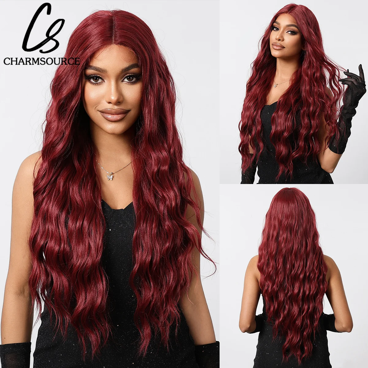 

CharmSource Synthetic Lace Front Wigs Wine Red Wig Long Wavy Daily Use Party Wig for Women Heat Resistant