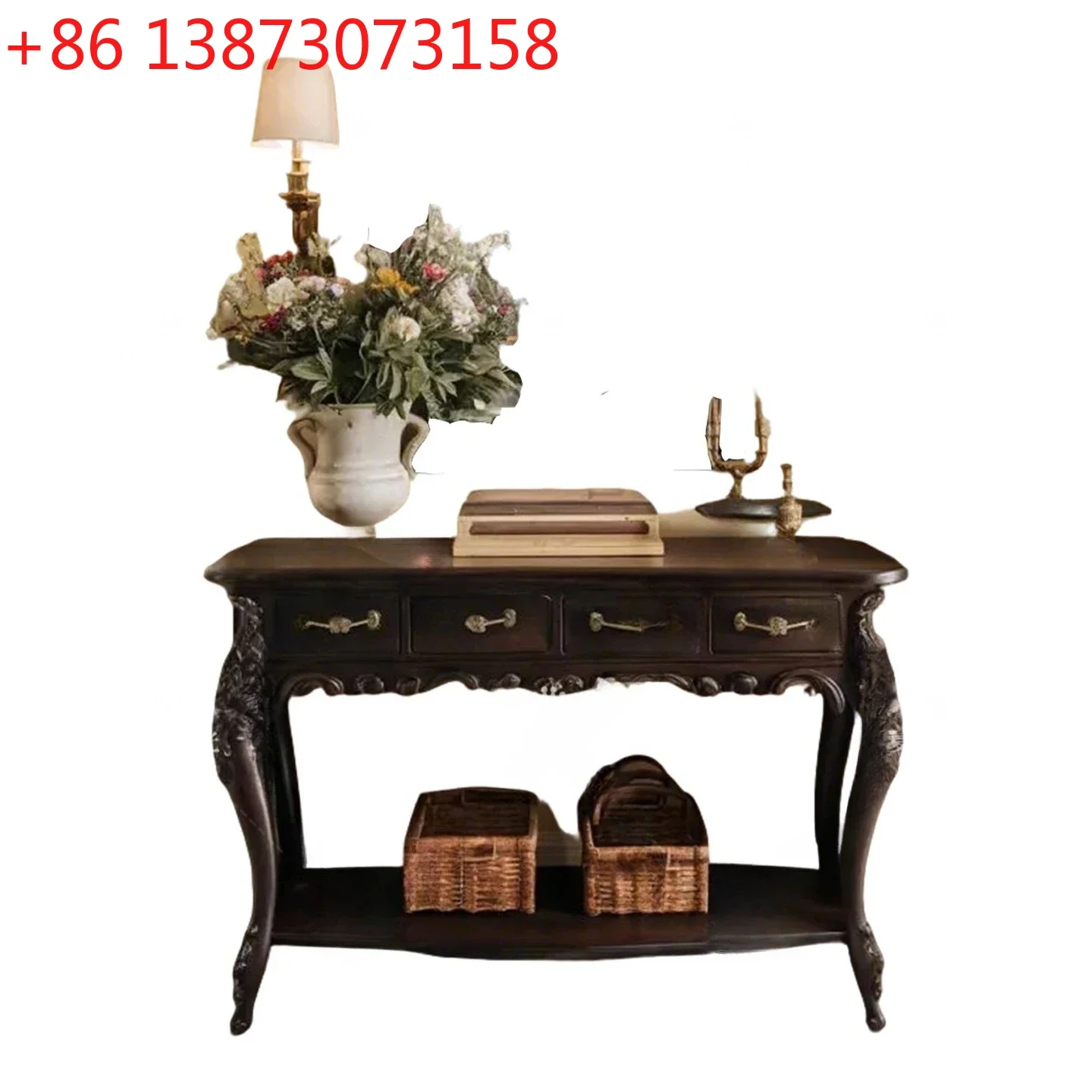 Retro light picking solid wood carving flower porch cabinet home living room decorative cabinet locker multi-drawer birch