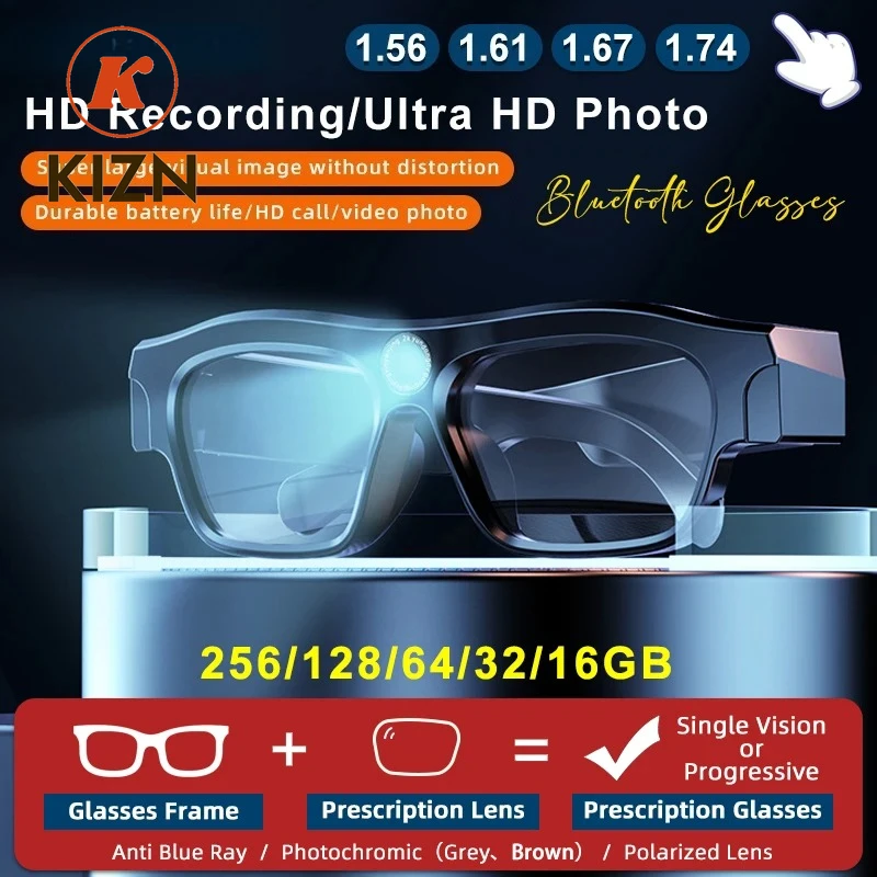 

KIZN Bluetooth Smart Ultra HD Camera Myopia Glasses Call Control Men Women Glasses Waterproof Progressive Prescription Eyeware