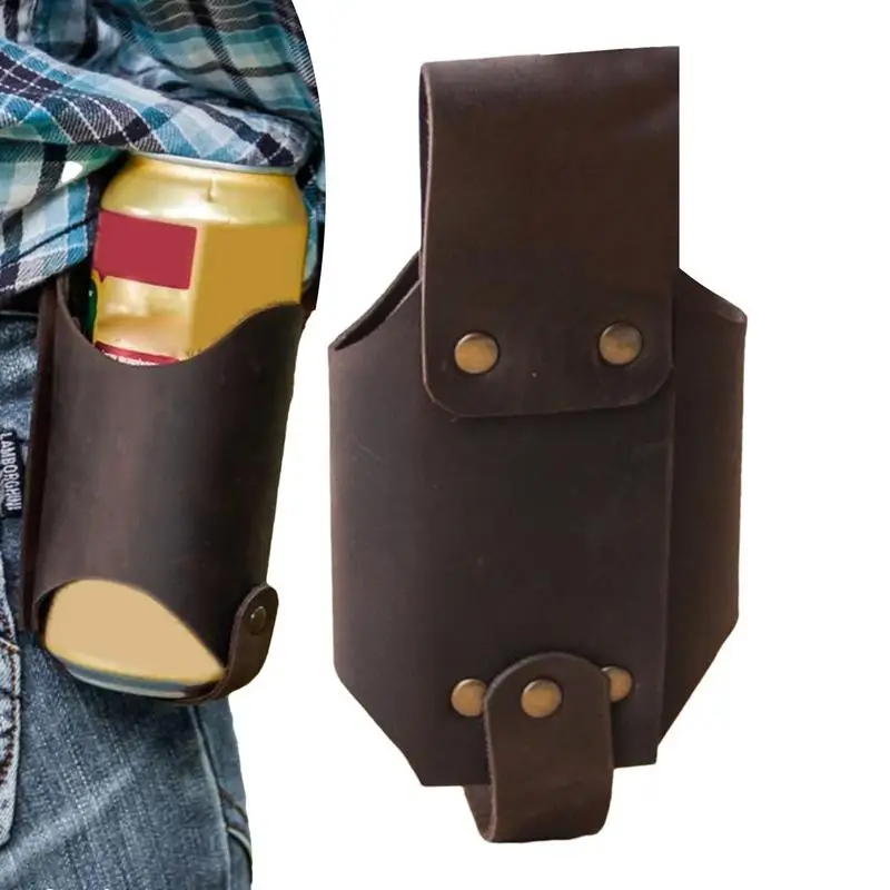 Water Bottle Holster PU Leather Beer Belt Holder Waterproof Drink Waist Bag Hands-Free Beer Belt Holder Beer Gifts For Barbecue