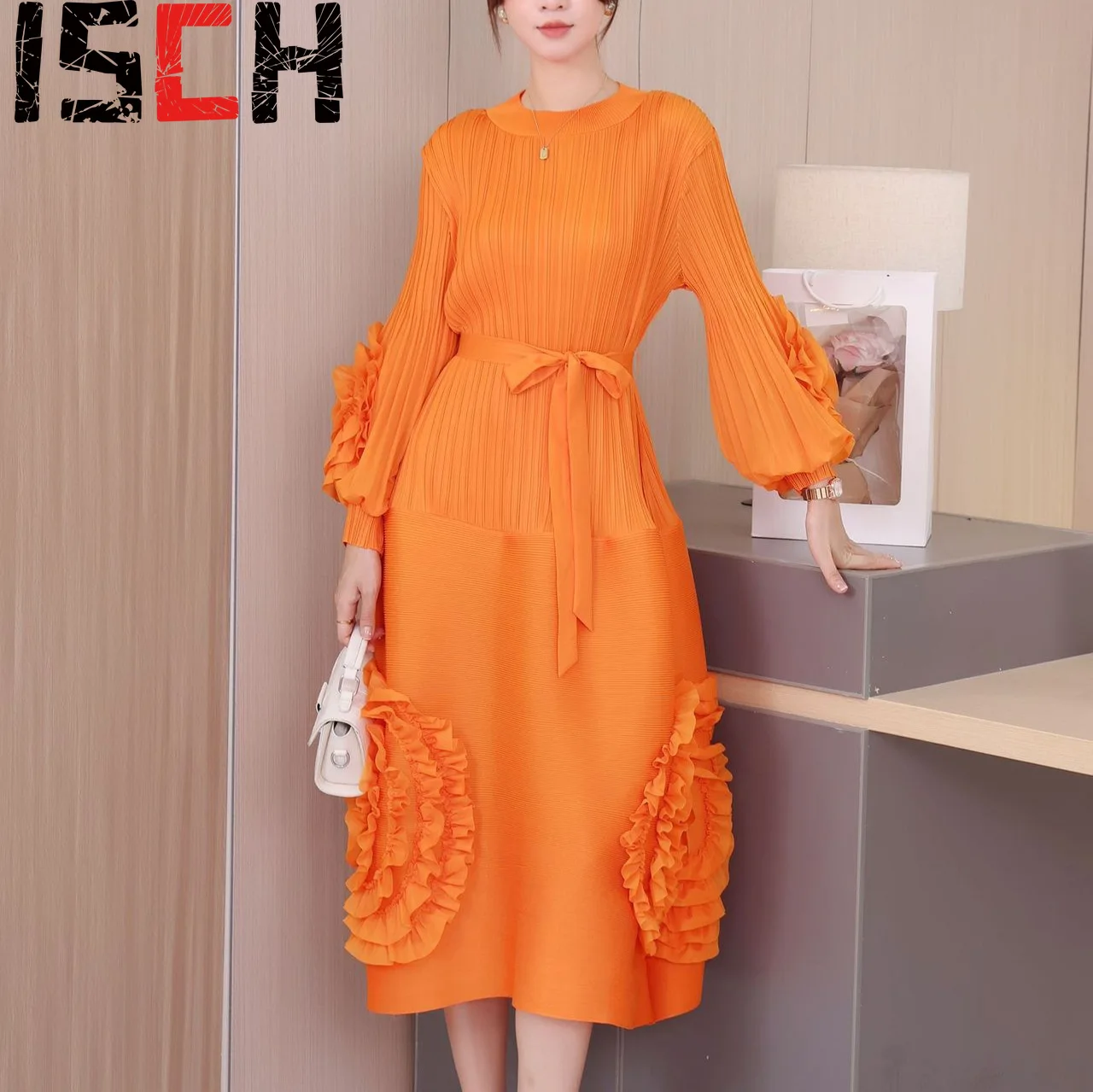 

Pleats Pleats Dresses Round Neck Embroidered Bubble Sleeve Dress Solid Color Resort Style Casual Tie Pleats High Waist Dresses