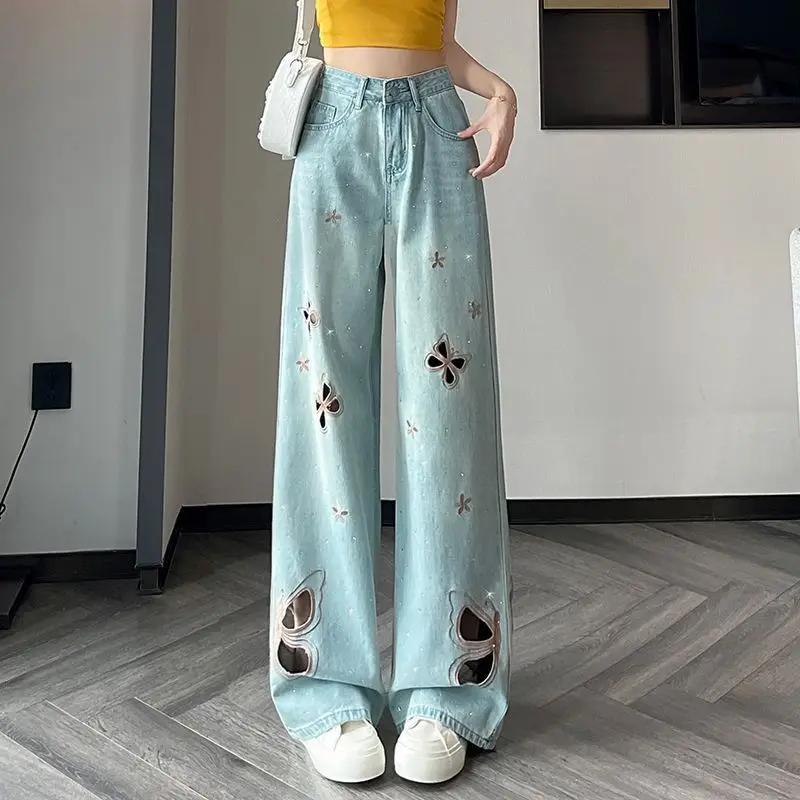 

woman clothes Women's Summer Lightweight Hollow Out Embroidery Jeans, High Waist Slimming Rhinestone Wide Leg Pants for Petite