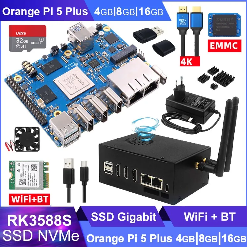 8-ядерный процессор Orange Pi 5 Plus RK3588, 64 бит, 2,4 ГГц, 4 / 8 / 16 ГБ ОЗУ, видео 8K + металлическая фотография, опционально WiFi Bluetooth EMMC для OPI5 Plus