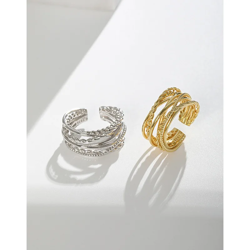 F.I.N.S CUSTOM Multi-Layer Winding Real S925 Sterling Silver Twist Bead Lines Wide Open Finger Rings Fine Jewelry Accessories