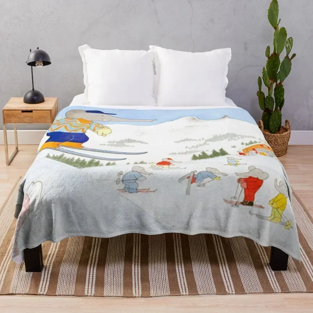 

Babar goes skiing Throw Blanket Breathable Lightweight Blanket for Adults Kids
