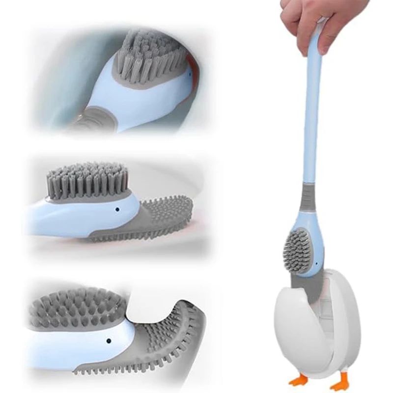 1pc Cute Duck Shape Toilet Brush Set Wall-mounted Floor-Standing Silicone Toilet Brush with Holder Bathroom Cleaning Tools