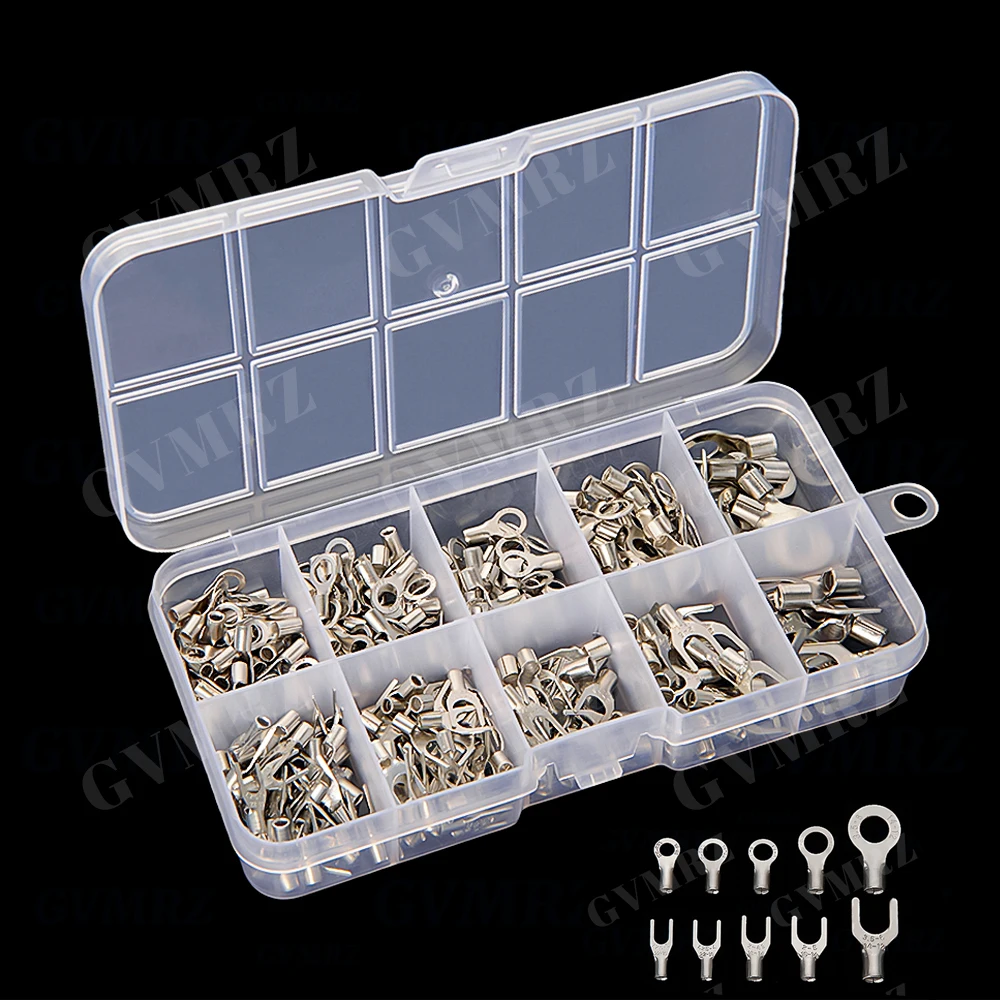 320PCS Fork U Shaped O Shaped Cold Pressed Bare Terminals &  Non-Insulated Copper Wire Crimp Terminals Connectors Kit Ring