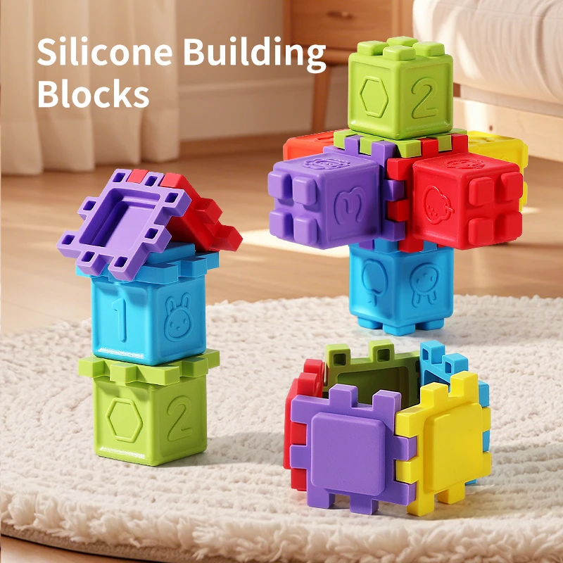 12/6pcs Baby Silicone Building Blocks Early Learning Toy for Toddlers Squeeze Stacker Cube Block Teething Toy Babies Bath Toys