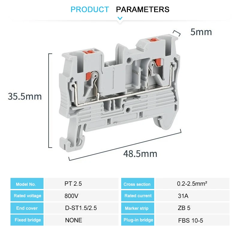 PT-2.5 Push-in Terminal Block DIN Rail Wire Connector 2.5mm Cable Screwless Spring Plug Electrical NS35 PT 2.5