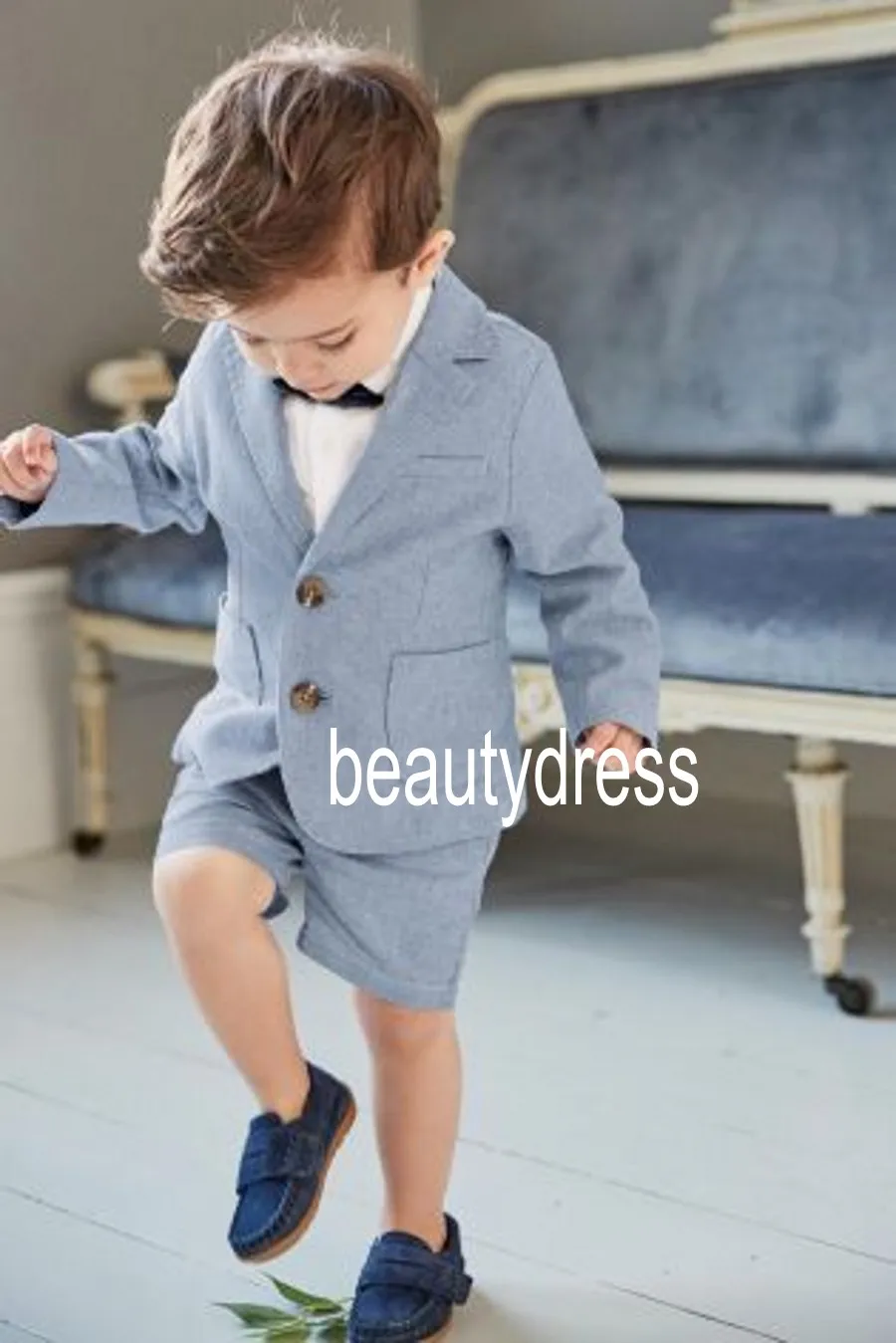 Short Linen Boys Tuxedos For Beach Hobo Summer Wedding Suits Kids Birthday Party Formal  Sets Ring Bearer  (Vest +Pants))