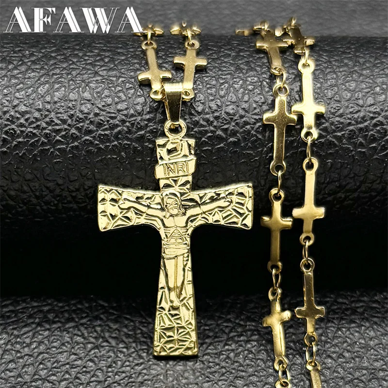 

INRI Catholic Jesus Crucifix Pendant Necklace for Women Men Stainless Steel Gold Color Religious Amulet Cross Chain Jewelry