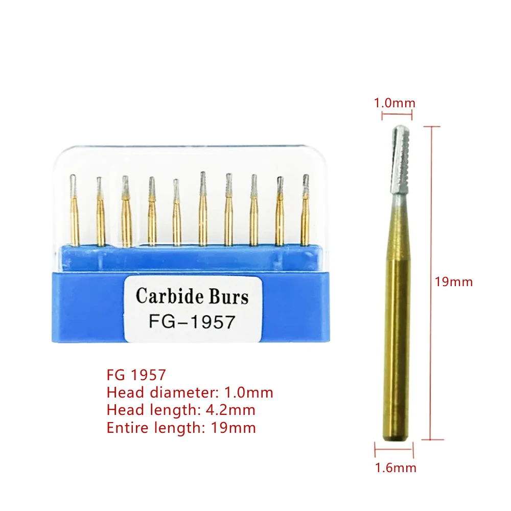 10 pçs/caixa dental carboneto bur alta velocidade aço de tungstênio coroa metal corte burs fg1957/fg1958 banhado a ouro materiais de laboratório dentista