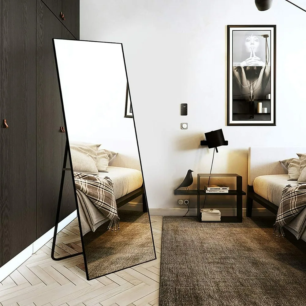 Floor Mirror with Stand, Full Body Tall Mirror, Freestanding or Wall-Mounted, Brushed Thin Frame, for Bedroom, Liveing Room