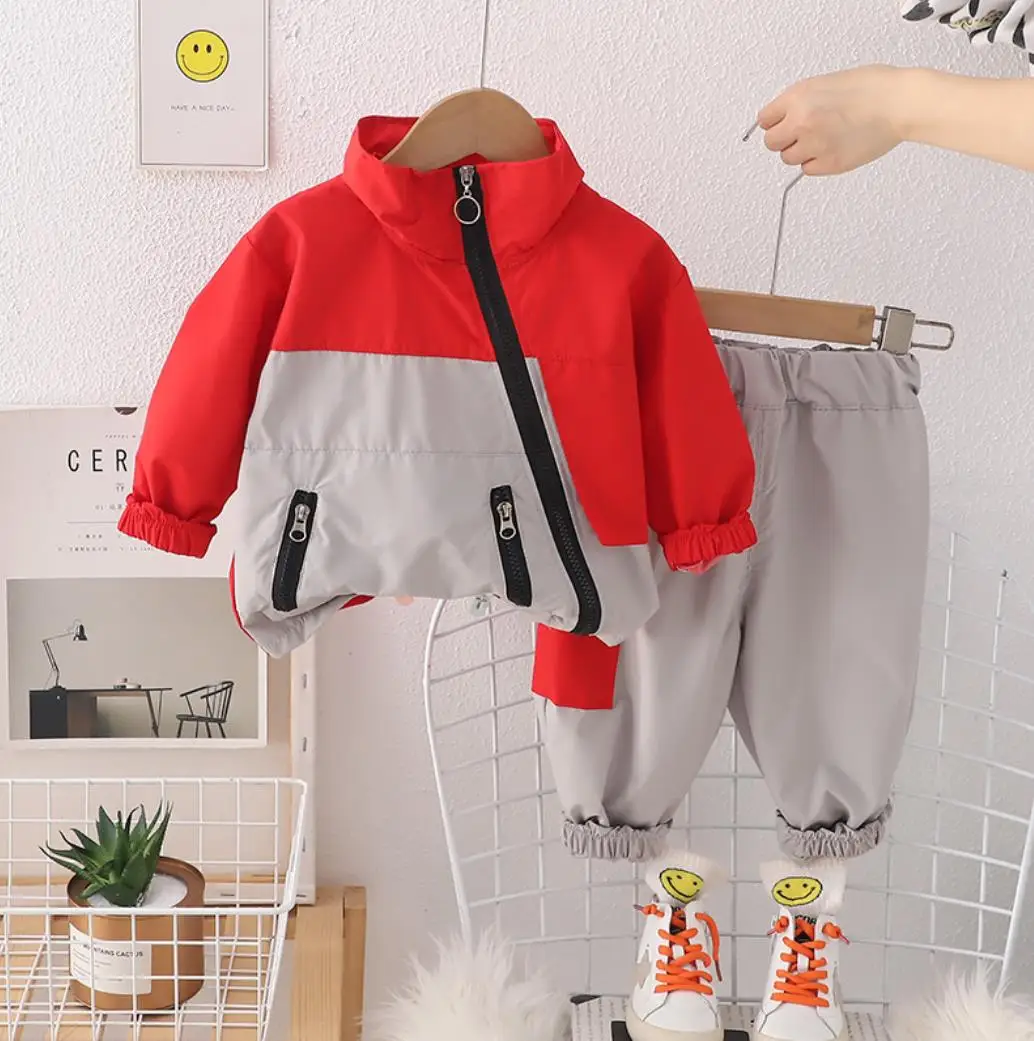 Boys Spring Autumn Suits Children Patchwork Stand-up Collar Zipper Jacket and Pants Two Piece Outfits Toddler Kids Tracksuits