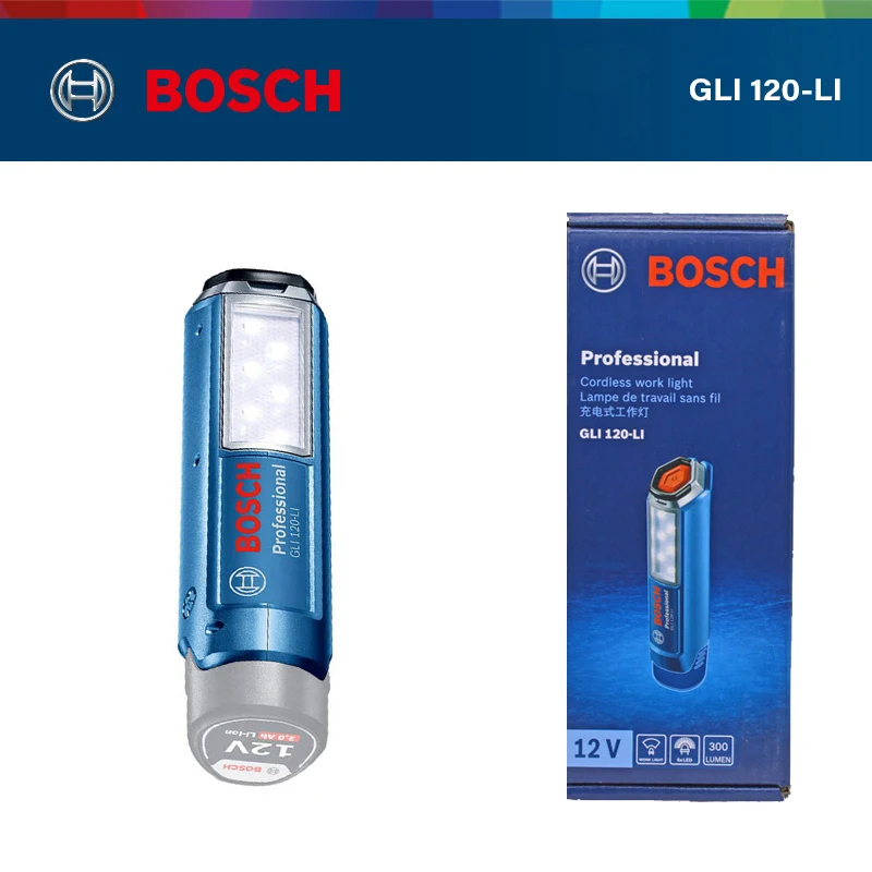 BOSCH GLI 120-LI Cordless Work Light 12V Handheld Portable Rechargeable LED Flashlight Adjustable Lamp Rotatable Hook