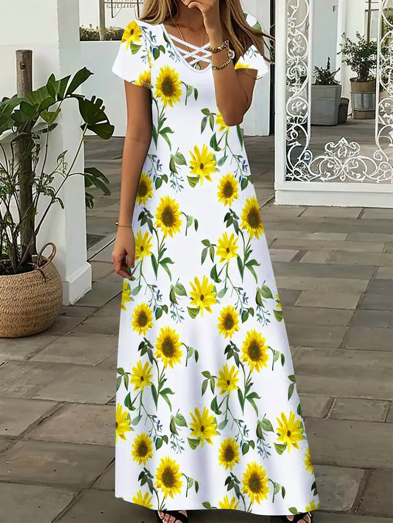 Image of Sommer-Maxikleid mit Sonnenblumen-Print, Kurzarm, V-Ausschnitt, Lockerer Schnitt, Schlankmachendes Kreuzdesign, Langer Rock für den Urlaub