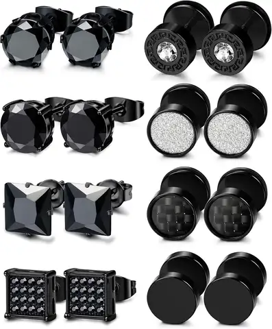 1-8 Pairs Stainless Steel Black CZ Stud Earrings Set for Men Women Silver Cubic Zirconia Barbell Earrings（Black）