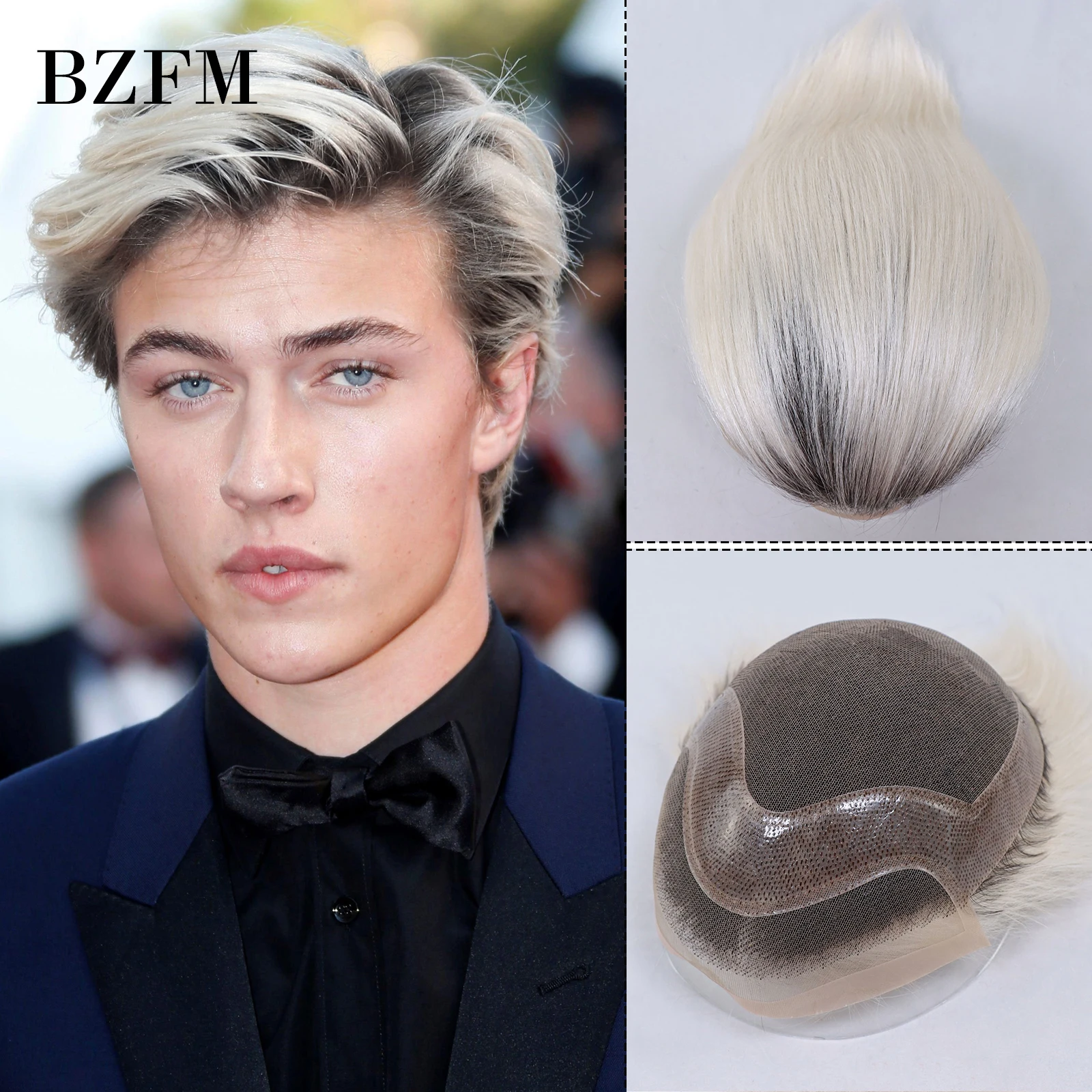 A1A3F Mono Lace PU Base Choice Toupee For Men White Dark Roots Human Hair Men Toupee 6