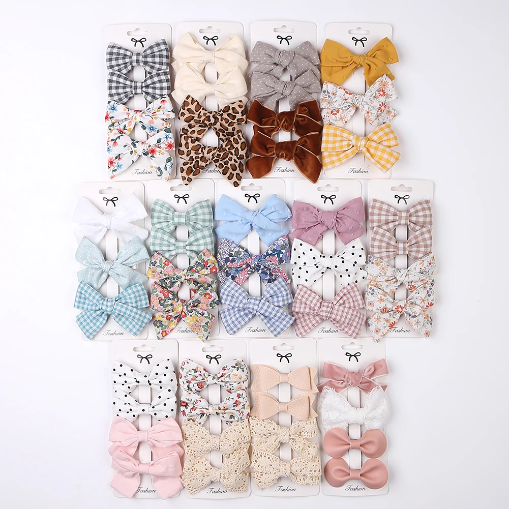 4Pcs/set Floral Print Hair Bow Clips Baby Girls Lace Cotton Linen BB Barrettes Safety Hairpins Korea Kids Headwear Accessories