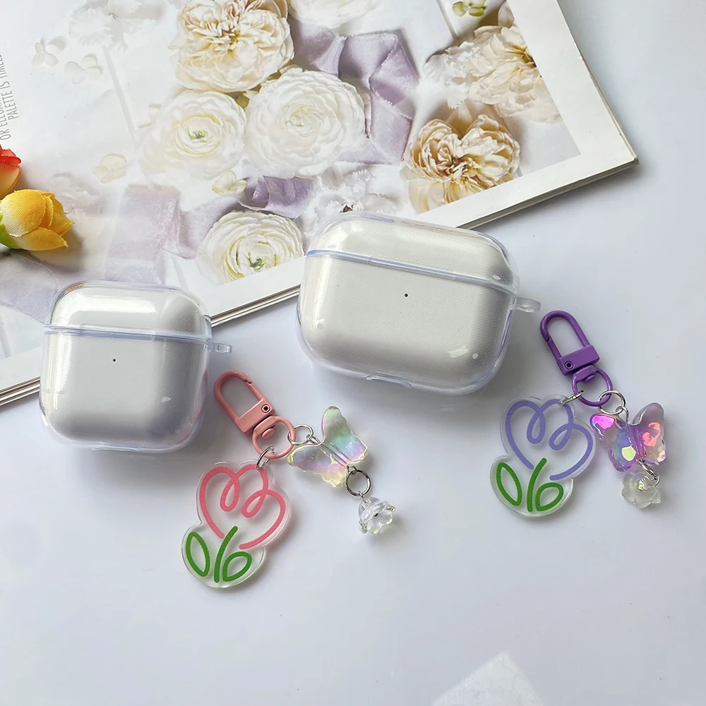 For Sony WF-1000XM4 / XM3 Case Tulip Flower&keychain Transparent Silicone Earphone Cover for SonyWF-1000XM3 Hearphone Box