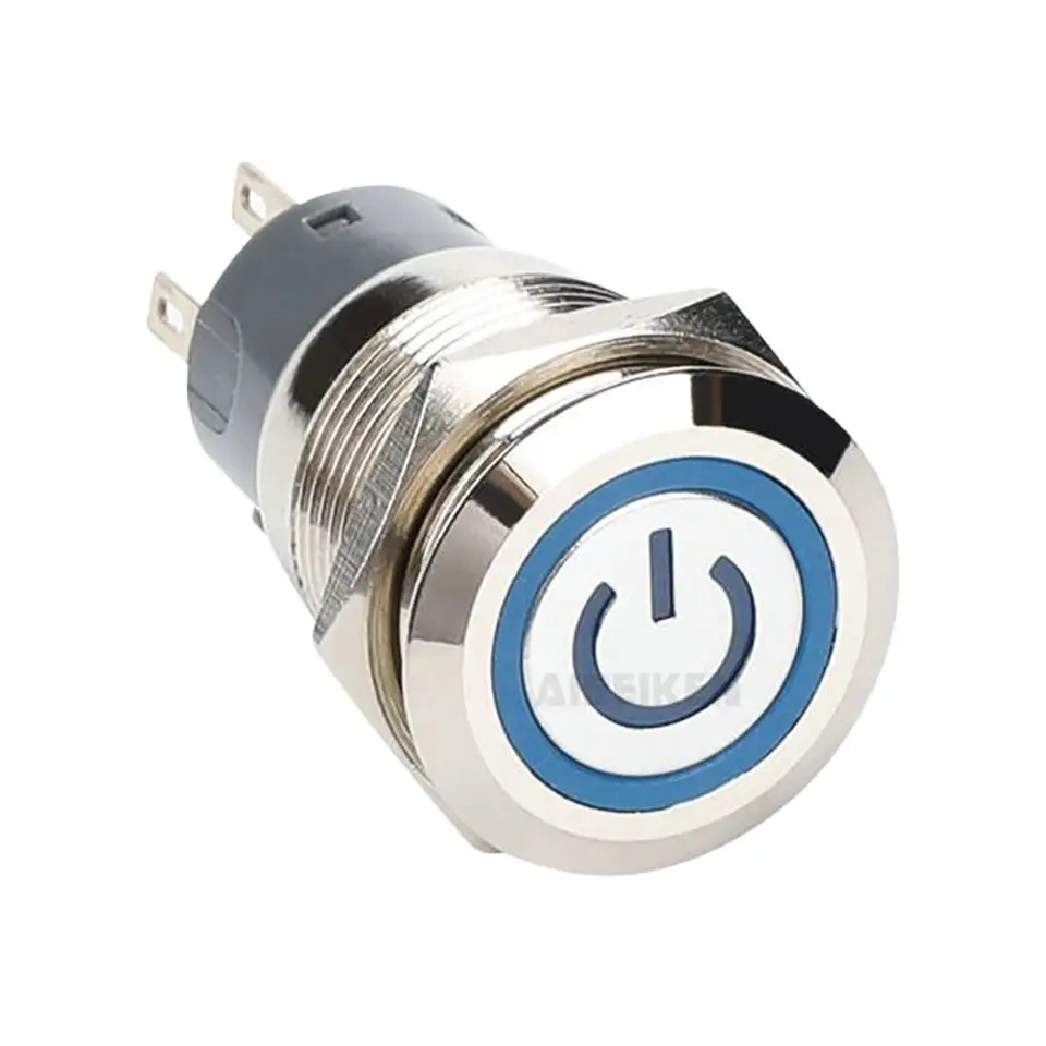 19mm Flat Round Waterproof IP67 Metal 1NO1NC Momentary Latching Led Illuminated Power Push Button Switch