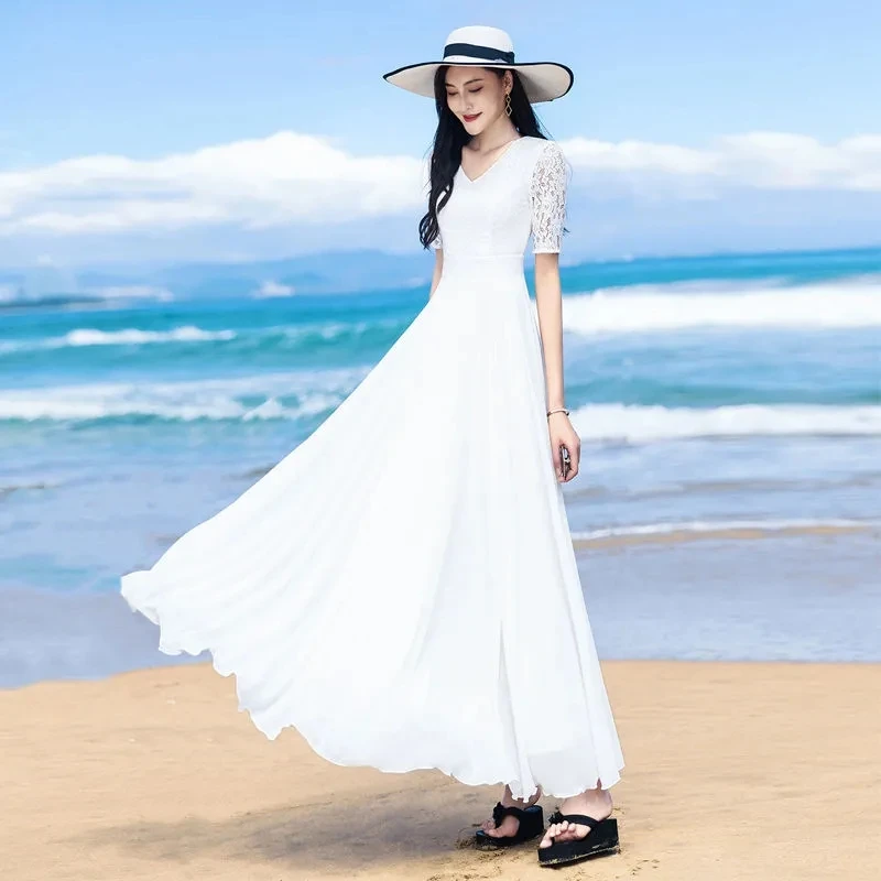 2024 Summer Women Cloting New Arrival V Collar Short Sleeve Elegant Collect Waist Women Chiffon Long Dress