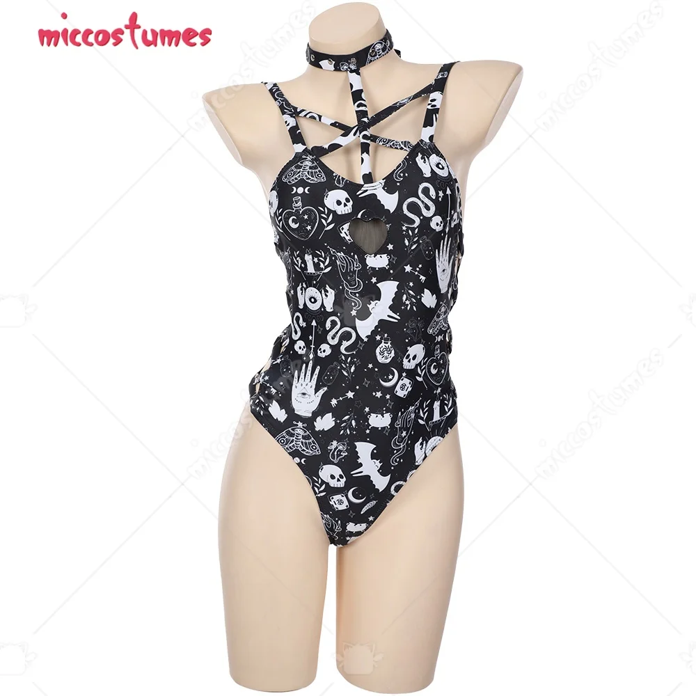 

Miccostumes Women Goth One Piece Swimsuit Skeleton Swimsuit Gothic Bathing Suit Slimming Crisscross Lace Up