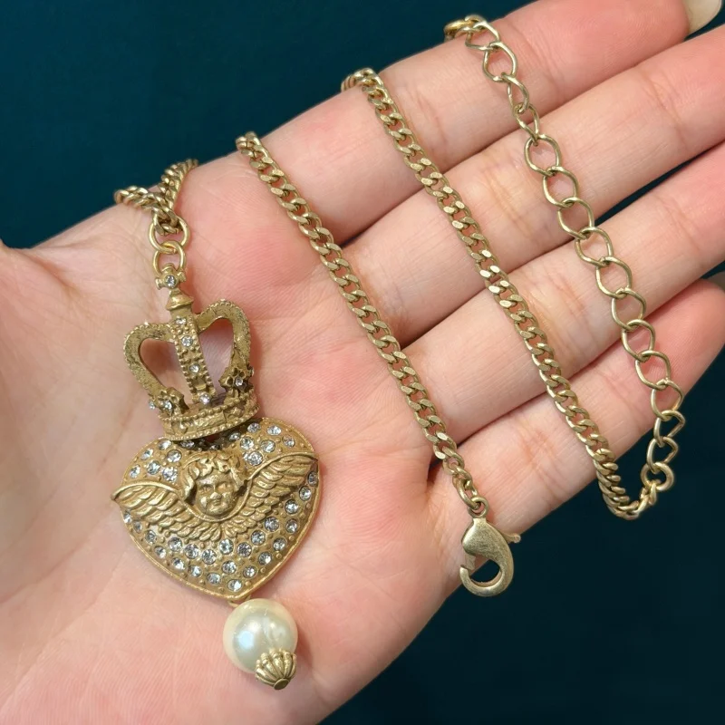 Vintage Crown Angel Heart Shape Pearl Jewelry Sets For Woman 18k Gold Color High Quality Luxury Elegant Exquisite Daily Gift