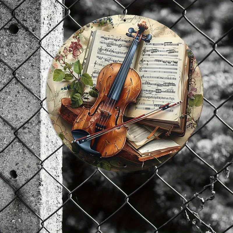 CIFBUY Flat 2D Round Violin Metal Wall Art Weatherproof Durable Aluminum Decor for Home Bar Cafe Garage