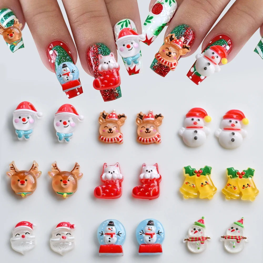 30/50PCS 3D Cartoon Resin Christmas Nail Charms Cute Santa Reindeer Snowman Bell Flatback Nail Decorations Holiday Nail Supplies