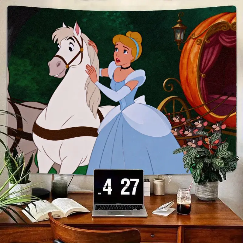 

1 шт. гобелен принцессы Золушки Диснея, сказочная белая лошадь и тыква, настенное искусство, полиэстер, декор для спальни для девочек