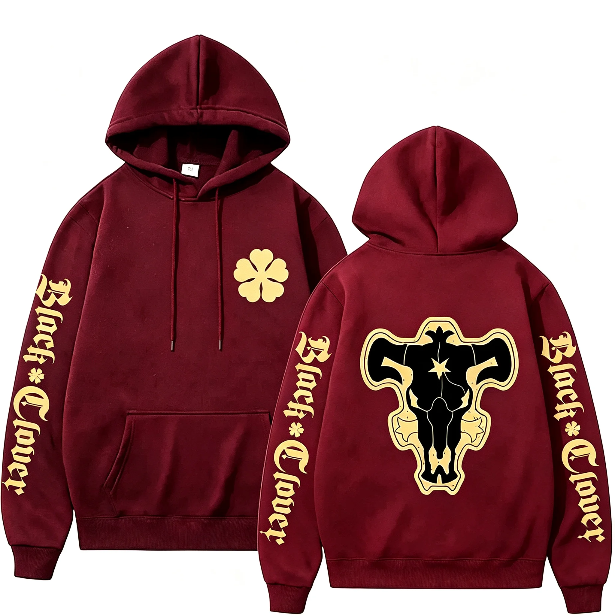 2026 Herbst Black Clover Black Bull Hoodie mit mehreren Prints, vorne mit Kleeblatt-Emblem, hinten mit Bullenschädel, Unisex, Oversized, Y2K-Hoodie – Detail 8