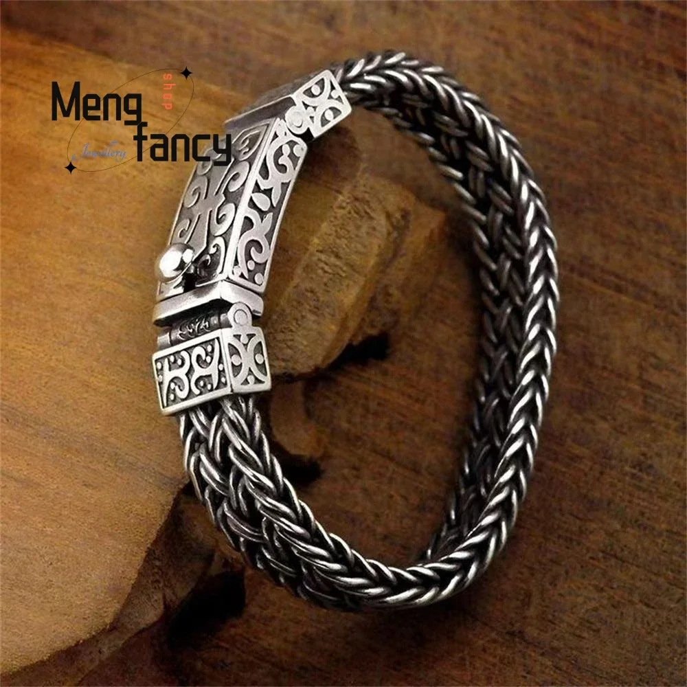 

Vintage Thai Silver Woven Wide Version Thick Bracelet Hipster Male Overbearing Hip Hop Popular Fashion Luxury Quality Jewelry