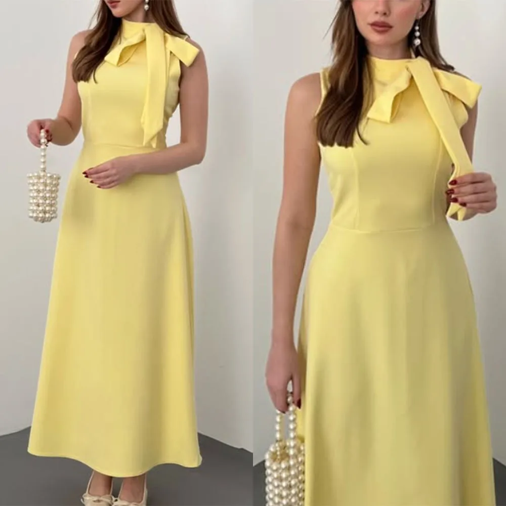 

High Quality Customized Sleeveless Ankle Length Yellow Bow A-line Grace Vestidos Elegantes Para Mujer Dresses for Women Party