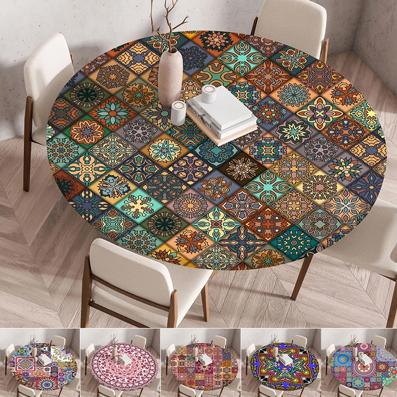 Waterproof Oil Resistant Mandala Round Tableclothes Party Wedding Table Cloth Home Decor Kitchen Table Protection Cover 원형 식탁보