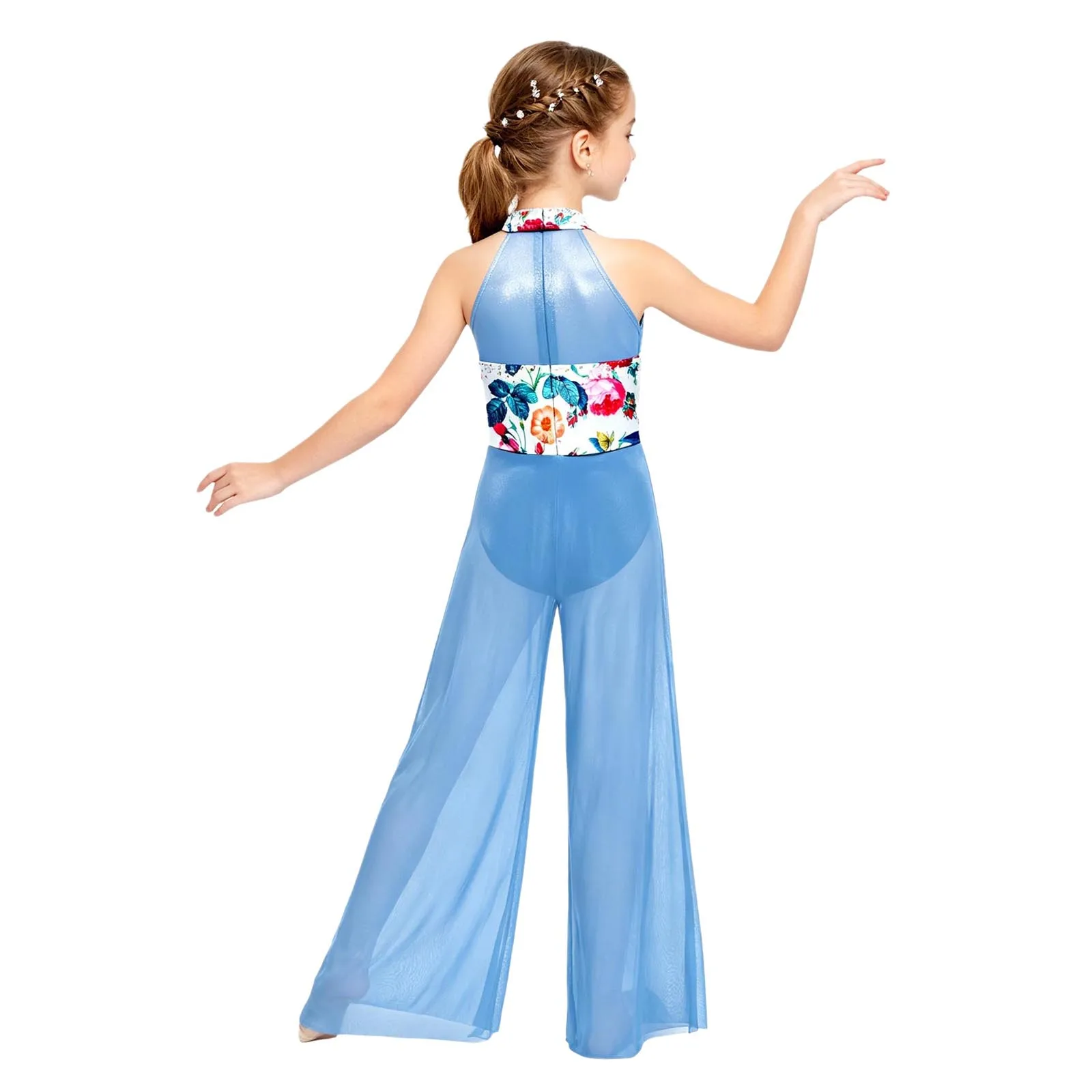 Kids Girls Modern Lyrical Dance Jumpsuit Sparkly Rhinestones Halter Sleeveless Leotards Ballet Figure Skating Gymnastics Costume - view 3