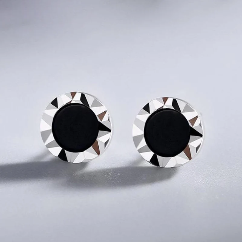 Trendy Black Agate Earrings Men's Personality Hip-hop High-end Car Flower Ear Stud Simple Geometric Circular Earring KOFSAC
