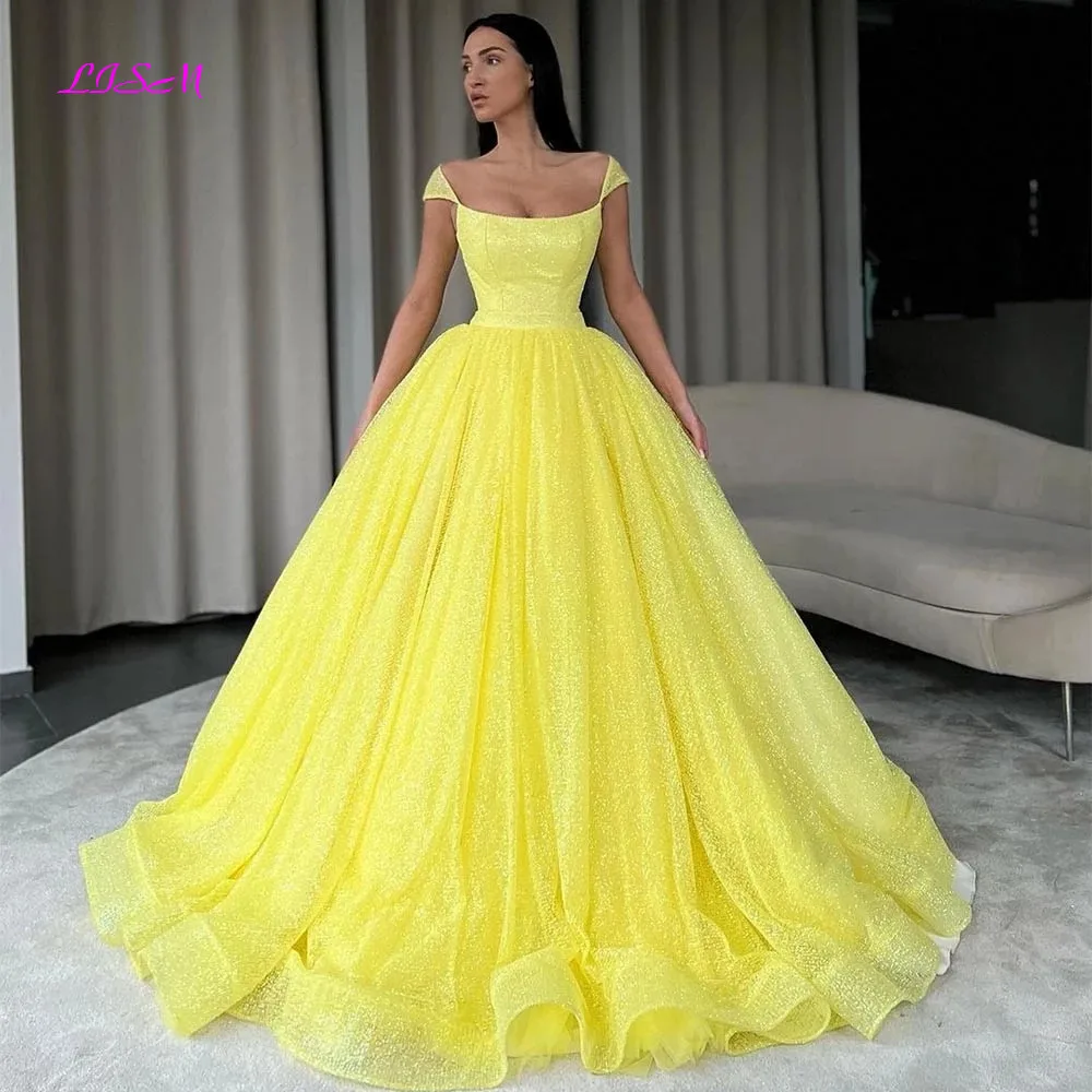 

LISM Sparkly Yellow Tulle Prom Dresses Cap Sleeves Square Neck A-Line Long Evening Party Dress vestido de fiesta de graduación