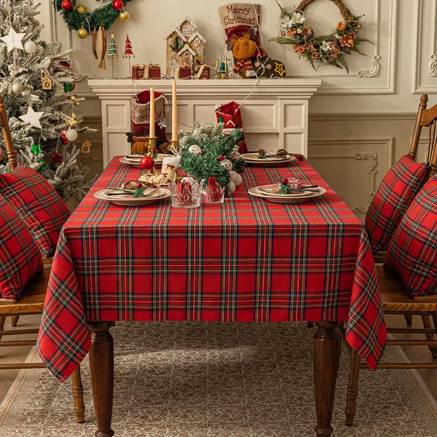 Red Green Plaid Table Cloth Cotton Christmas Party Rectangle Tablecloth Dining Table Cover for Picnic BBQ Home Tablecloth Decor