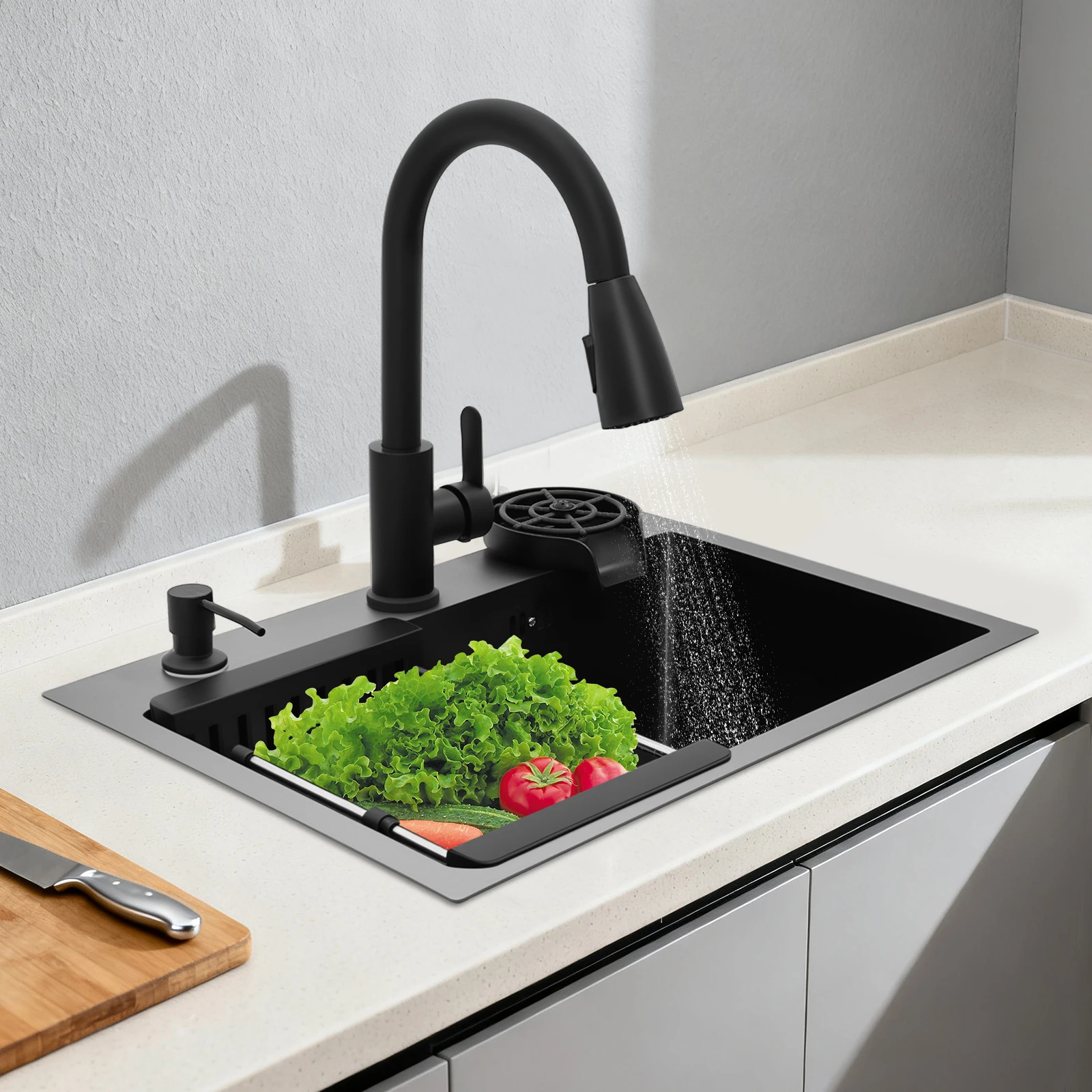 

Black 201 Stainless Steel 55*40*20cm Multifunctional Sink Set with Cup Washer and Faucet Sink Integrated Design