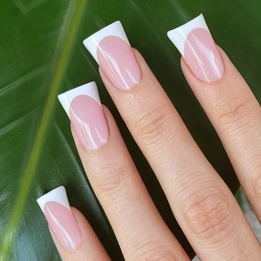 Finished Detachable Press On Nails Medium Length White/Pink Duckbill Fake Nails Tips French Style French Acrylic False Nails