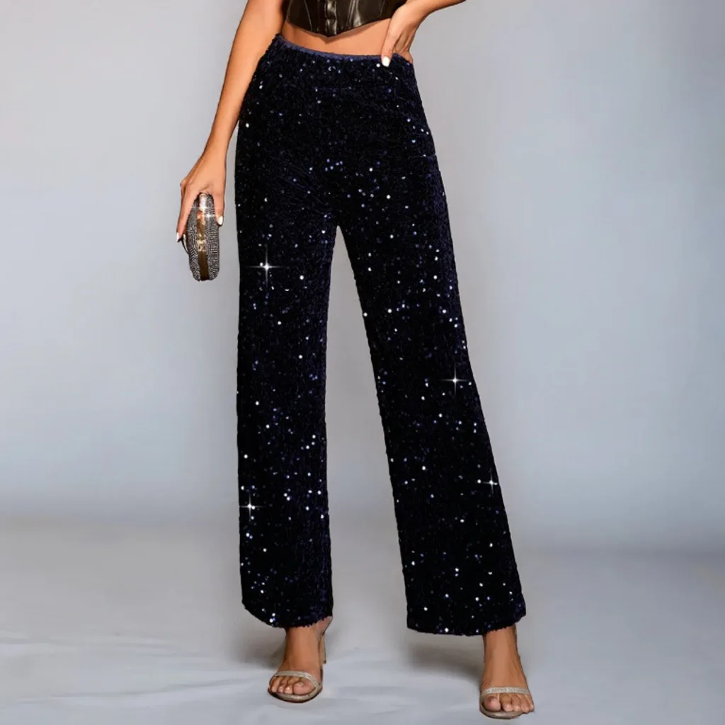 2024 Women Shiny Party Wide Leg Pants Velvet High Waisted All Over Sequines Loose Flared Evening Pants Tall Trousers