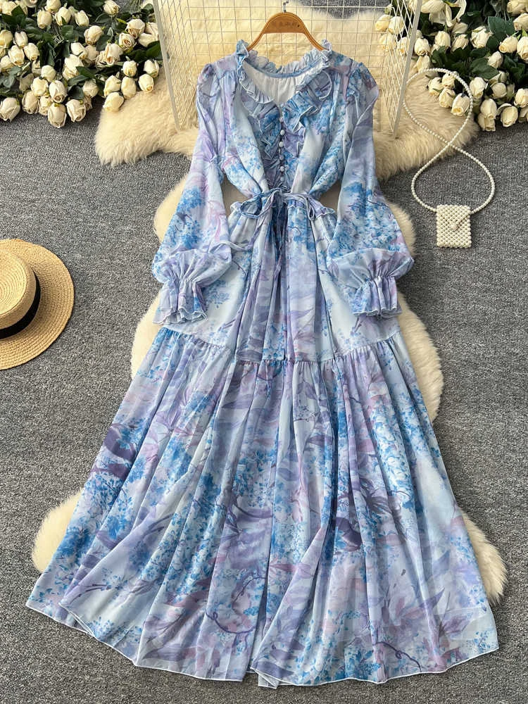 sachin and babi light blue dress Women's Spring Autumn Long Sleeved Chiffon Dress with Wooden Ear Edge Waist  Closing Floral Holiday Big Hem Long Dress D2460