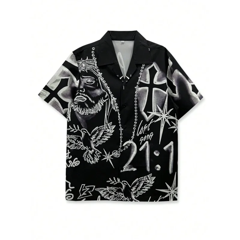 

New summer men's casual shirt - black and white design, featuring floral patterns, abstract crosses, human faces and birds.