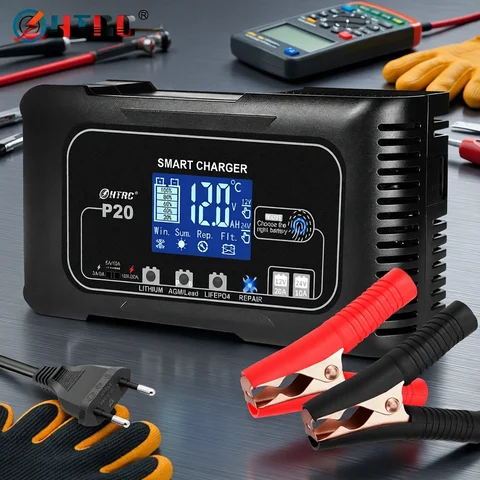 HTRC 20A 12V-24V P20 Battery Charger for Smart Car Battery Charger Repair Auto Moto Lead Acid AGM GEL PB Lithium LiFePo4 Battery
