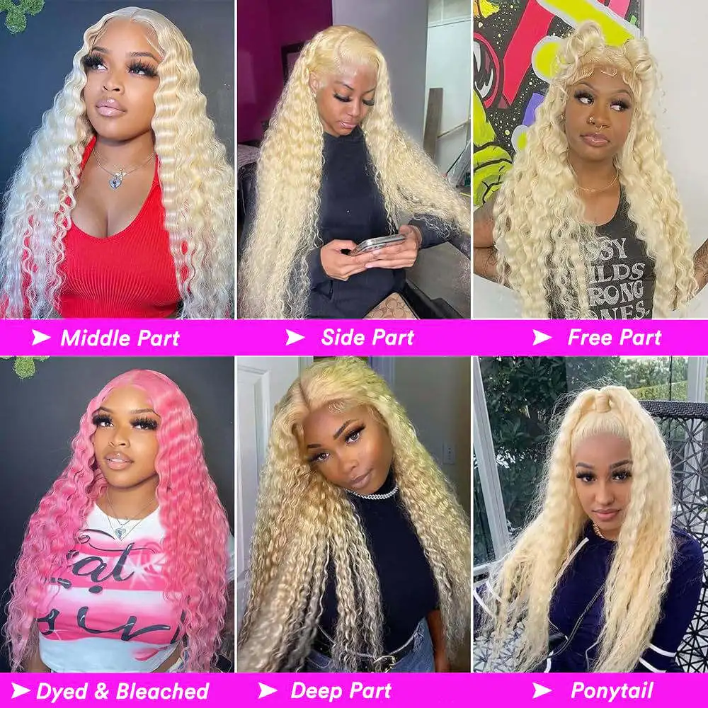 200% 250% Density 613 Blonde Lace Front Wigs Deep Wave Human Hair 13x4 Hd Lace Frontal Wig Pre Plucked Brazilian Ponytail Human Hair Lace Frontal Wig For Women Ready to Wear On Clearance Sale Pre Pluc image 7