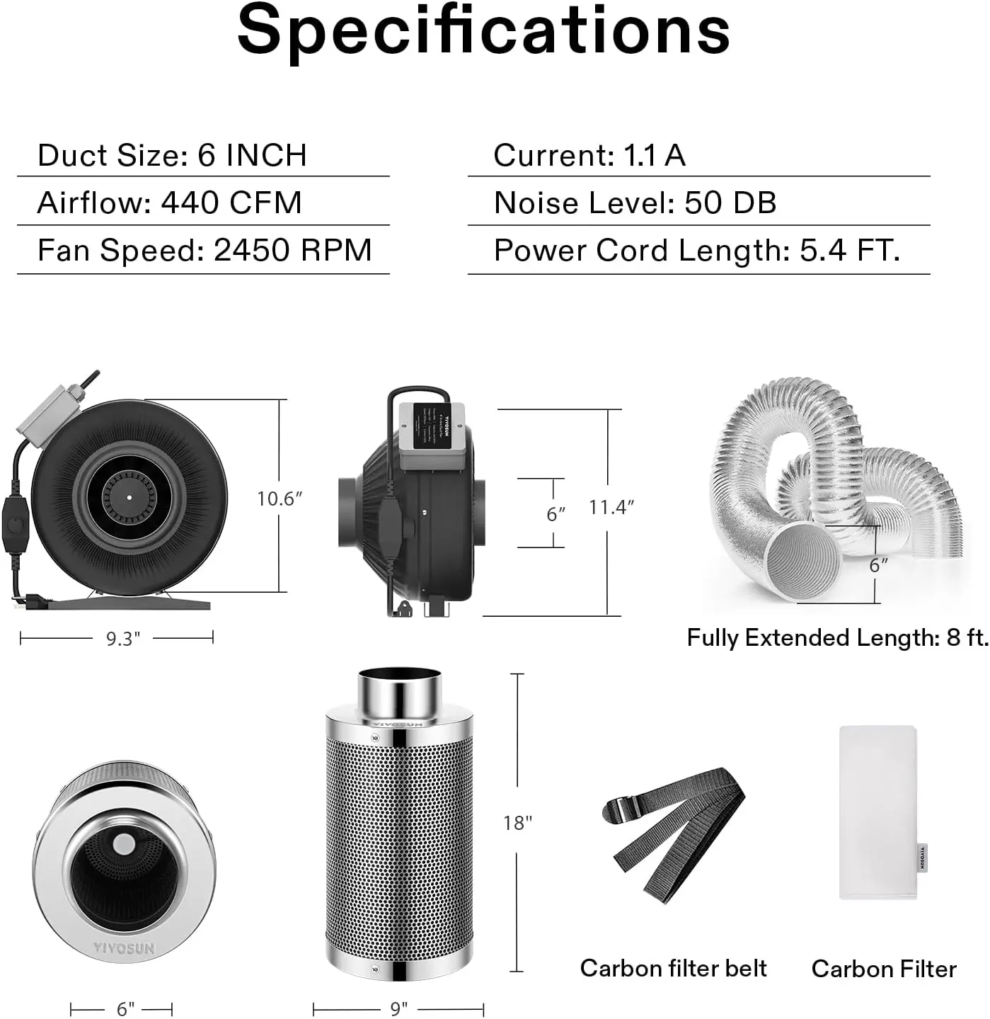 6-calowy wentylator liniowy 440 CFM z regulatorem prędkości, 6-calowy filtr węglowy i 8-stopowy przewód, zestaw do filtracji powietrza