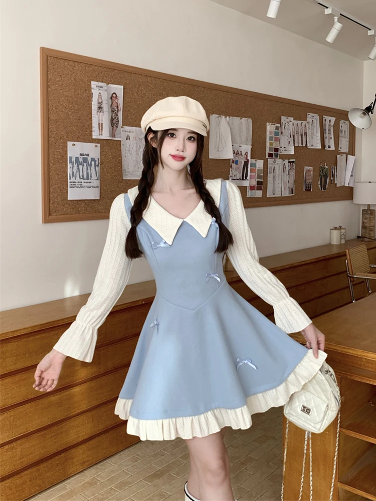 

Sweet Preppy Dress Women Long Sleeve Bow Patchwork Kawaii Pure Cotton Dresses Cute Peter Pan Collar A Line Casual Chic Dress New