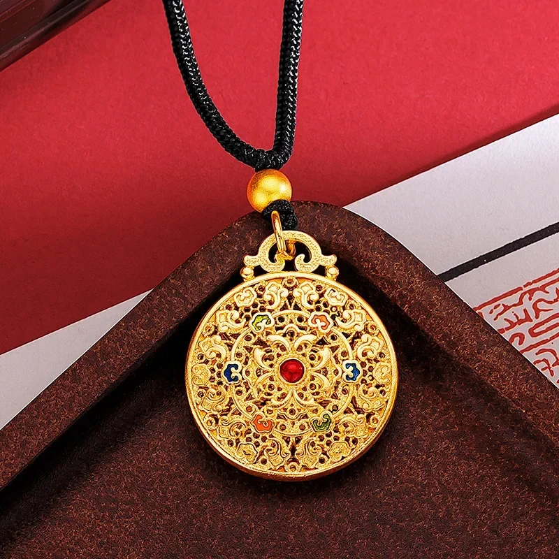 9999 Real Gold 24K Black Rope Necklace Enamel Color Hollow Flower Silk Xiangyun Ruyi Pattern Pendant Lanyard