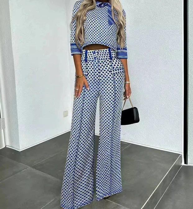 

Two Piece Set Women Outfit 2024 Spring Vintage Graphic Tie Neck Long Sleeved Top & Elegant Buttoned Straight Work Pants Set